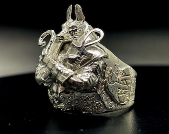 Occulte Anubis-ring met ankhs, sterlingzilveren mystieke Egyptische sieraden, hiërogliefen spirituele statementring