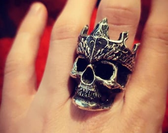 Biker-ring gekroonde schedel, sterlingzilveren biker-sieraden voor heren, alternatieve Skull Crown-ring, gedurfde gotische bikerstijl
