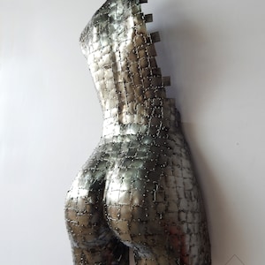 This photograph shows a metal sculpture with a female figure, made with hundreds of pieces of metal sheet that each do not exceed one inch in size, welded one by one until forming the beautiful hips of a woman and part of your back