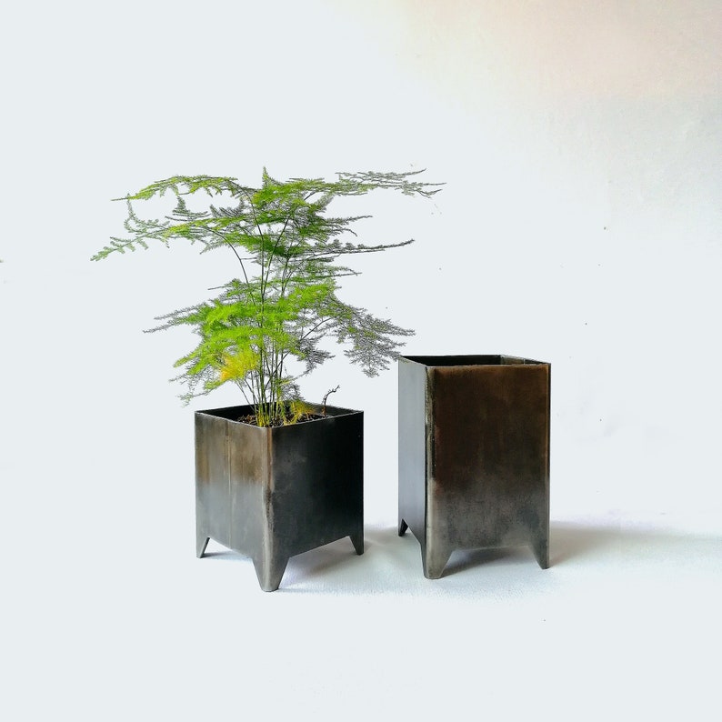 Pair of Industrial Style Metal Square Pots / acero corten / Perfect Pair for Your Decoration, Unique Ideas for Indoor and Outdoor Garden polished steel