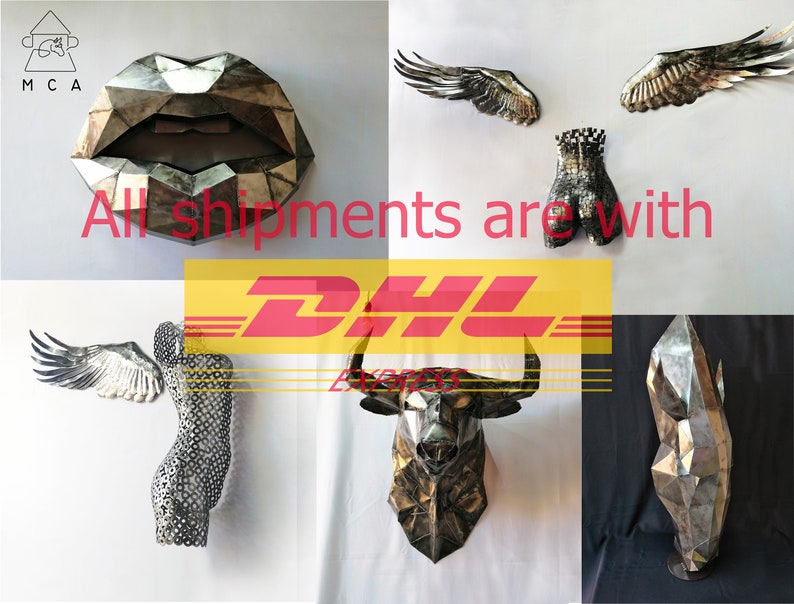 May include: A collection of six metal sculptures, including a pair of wings, a bull's head, a human torso, a pair of wings, a geometric shape, and a pair of lips. All shipments are with DHL.