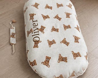Teddy Bear Muslin Snuggle Me Cover | Organic Cotton Baby Lounger Slipcover | Neutral Infant Nest Pillow Cover | Handmade Newborn Gift