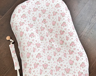 Muslin Snuggle Me Cover Set | Floral Baby Lounger Cover | Crib Pocket & Pacifier Clip | Newborn Nursery Gift Set