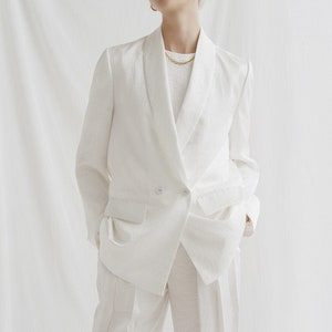 White Linen Blazer with Notched Lapel and Long Sleeves - Linen Blazer with Flap Pockets and Buttons