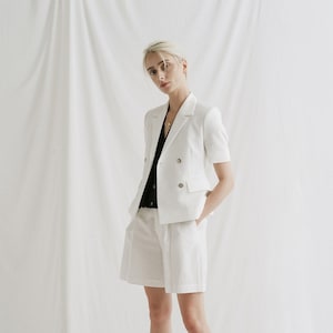 Female Office Uniform 2 Piece Set Women 2 Piece Suit - White Linen Jacket with Short Sleeves and Flap Pockets - Linen Blazer - Linen Shorts