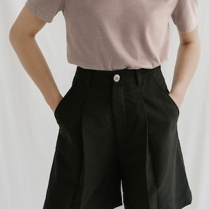 Black Linen Shorts Dress with Roomy Pockets - High Waist Linen Shorts in Black