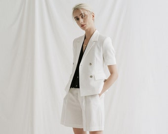 Female Office Uniform 2 Piece Set Women 2 Piece Suit - White Linen Jacket with Short Sleeves and Flap Pockets - Linen Blazer - Linen Shorts