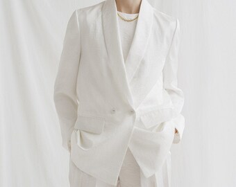 White Linen Blazer with Notched Lapel and Long Sleeves - Linen Blazer with Flap Pockets and Buttons