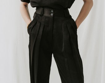 Black Pleated Pants with Pockets - High Waist Pants with Cuff Bottoms