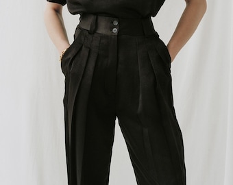 Black Pleated Pants with Pockets - High Waist Pants with Cuff Bottoms