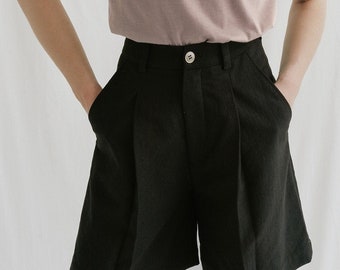 Black Linen Shorts Dress with Roomy Pockets - High Waist Linen Shorts in Black