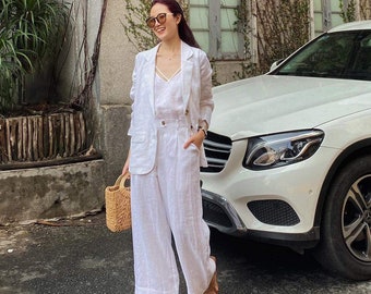 Conjunto de uniforme de oficina para mujer, traje de dos piezas: chaqueta de lino, blazer de lino, pantalón de lino, traje de lino de botonadura sencilla, traje de mujer.