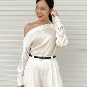 High Waisted Silk Pants in White - Wide Leg Silk Pants - Women Silk Trousers - Women Silk Clothing