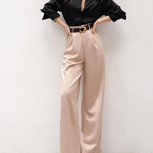 Pleated Maxi Silk Pants with Pockets Side - High Waist Silk Pants - Wide Leg Silk Pants - Women Silk Trousers - Women Silk Clothing