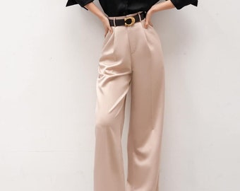 Pleated Maxi Silk Pants with Pockets Side - High Waist Silk Pants - Wide Leg Silk Pants - Women Silk Trousers - Women Silk Clothing