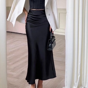 Casual Wedding Guest Silk Skirt - Maxi Skirt - High waist skirt - Long Skirt - Plus Size Skirt - Gift For Her - Bias Cut Midi Black Skirt