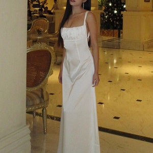 Cross Straps Maxi Dress - Evening Floor Length Dress - Wedding Guest Dress - Square Neck Dress for Women - Prom Dress in White