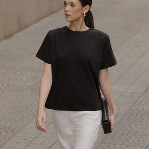 Boxy Black Structured T Shirt, Minimalist Crewneck Silk Top, Quiet Luxury Short Sleeve Tee, Elevated Basic Capsule Wardrobe Blouse