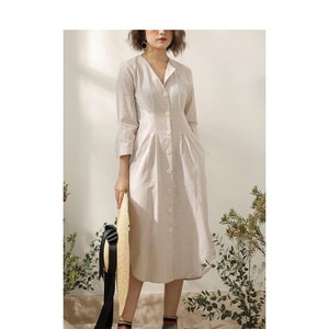 Linen Shirt Dress - Fitted Linen Dress with Notched Label  - Linen Midi Dress - Front Button Dress in Ivory