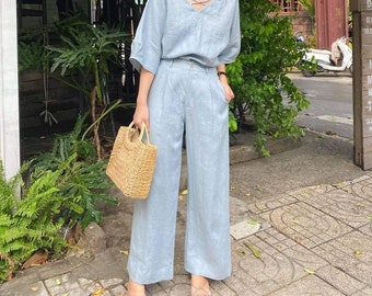 Linnen broek met rechte pijpen - zachte casual losse grote broek - oversized broek met wijde pijpen - op maat gemaakte grote maten broek linnen - linnen set
