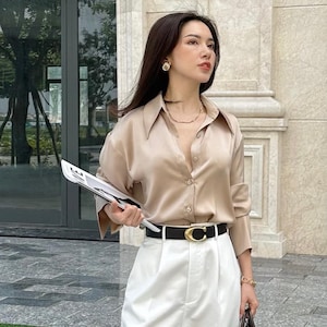Buttons Up Silk Shirt for Women - Bishop Long Sleeve Loose Silk Shirt - Loose Fitting Silk Blouse - Summer Silk Top