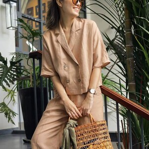Double Breasted Linen Blouse - Short Sleeves Linen Shirt - Notched Collar Linen Top - Linen Set