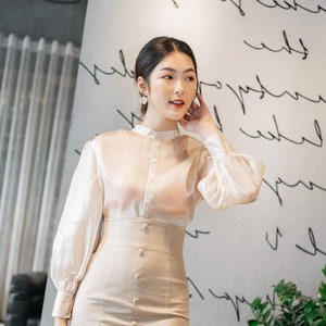 Long Sleeve Loose Organza Shirt - Collared Organza Top - Summer Organza Blouse - Office Blouse for Women - Button Up Shirt Women