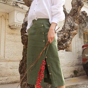 Linen Skirt - High Waisted Linen Skirt - Side Slit Linen Skirt with Buttons - Women Linen Skirt - Women Linen Clothing - Linen Set