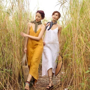 Oversized White Linen Dress Curved Hem - Loose Linen Slip Dress Pockets - Asymmetric V Neck Linen Dress - Low Back Linen Dress