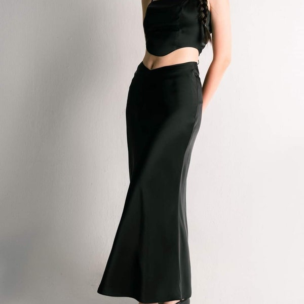 Simple Silk Maxi Skirt in Black - Set Skirt + Crop Top