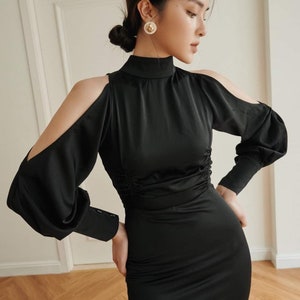 Cold Shoulder Silk Dress - Split Side Silk Dress - Wedding Guest Midi Dress In Black - Grace Silk Long Dress - Beautiful Silk Midi Dress