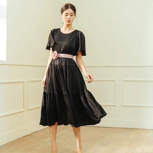 Short Sleeve Silk Dress - Pleated Silk Long Dress - Wedding Guest Midi Dress - Crew Neck Silk Dress - Beautiful Silk Midi Dress