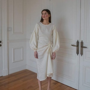 Robe en lin bouffante à manches longues - Robe en lin longue à col rond - Robe longue ample en lin - Robe en lin automne-hiver pour femme