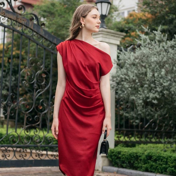 Alexandra One Shoulder Silk Dress | Pink & Red main image 0