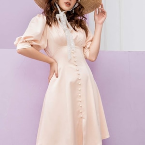 Wedding Guest Buttons Dress - Aline Shirt Dress - Short Sleeve Silk Dress - Beautiful Silk Mini Dress - Silk Shirt Dress - High Waist Dress