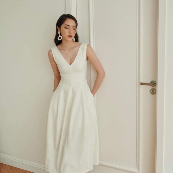 Wedding Guest Midi Dress With Pocket - V Neck Linen Dress - Sleevesless Linen Dress