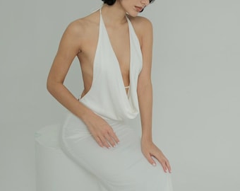 Vestido largo de seda blanco con escote halter y espalda descubierta - Vestido largo sexy de fiesta para mujer