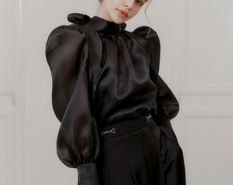 Victorian Organza blouse with tie neck, Bishop long-sleeve top, Vintage blouse with bow-tie for women Black