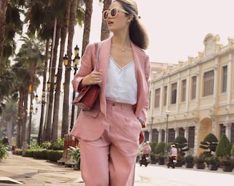Linen 2 Piece Women Suit - Linen Blazer - Linen Suit Jacket - Single Breasted Linen Shirt - Linen Set - Linen Women Suit Linen Relaxed Pants