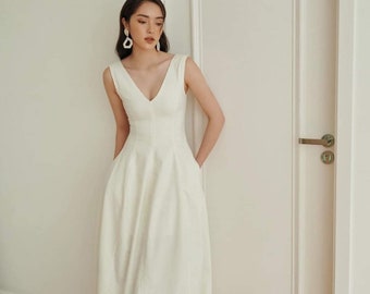 Wedding Guest Midi Dress With Pocket - V Neck Linen Dress - Sleevesless Linen Dress