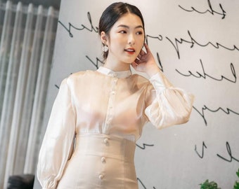 Long Sleeve Loose Organza Shirt - Collared Organza Top - Summer Organza Blouse - Office Blouse for Women - Button Up Shirt Women