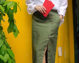 Linen Skirt - High Waisted Linen Skirt - Side Slit Linen Skirt with Buttons - Women Linen Skirt - Women Linen Clothing - Linen Set