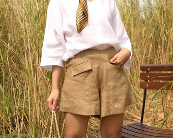 High Waisted Linen Shorts with Pockets
