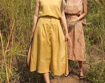 High Waisted A-line Button Up Skirt - Linen Midi Skirt - Linen Set