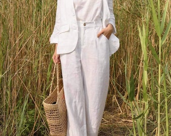 Linnen broek met rechte pijpen - zachte casual losse grote broek - oversized broek met wijde pijpen - op maat gemaakte grote maten broek linnen - linnen set