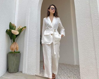 Linen 2 Piece Women Suit - Linen Blazer - Tailor Linen Suit Jacket - Linen Pants - Single Breasted Linen Women Suit - Female Office Uniform