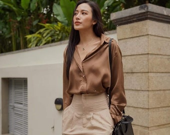 Long Sleeve Loose Silk Shirt - Loose Silk Blouse with Collared - Summer Silk Blouse - Office Silk Blouse for Women