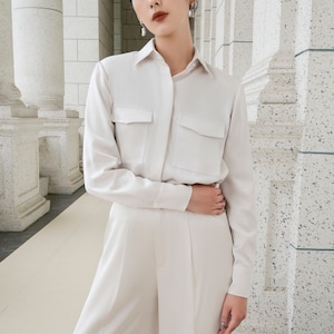 Office silk shirt/silk long sleeve blouse/white silk blouse/women long sleeve top/Pocket front silk blouse/women office silk shirt