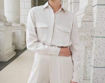 Office silk shirt/silk long sleeve blouse/white silk blouse/women long sleeve top/Pocket front silk blouse/women office silk shirt