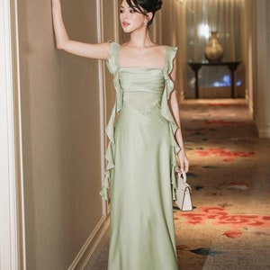 Ruffle Straps Dress - Square Neck Silk Maxi Dress - Wedding Guest Dress - Open Back Long Dress - Cocktail Event Dress